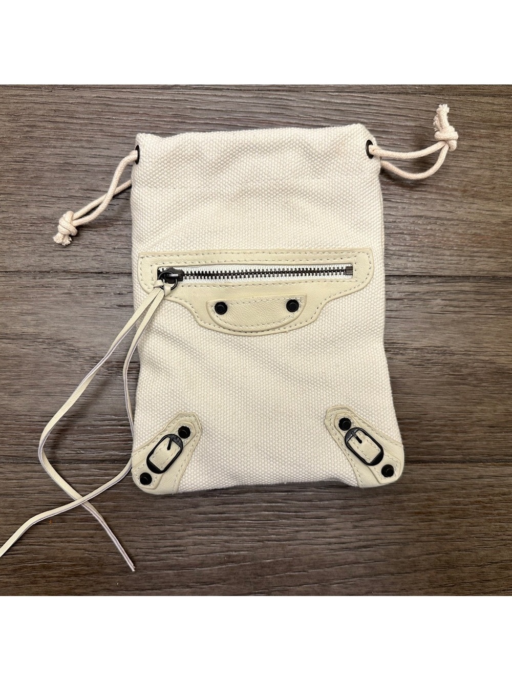 Balenciaga Canvas Drawstring Pouch with Leather Trim & Front Zipper Pocket